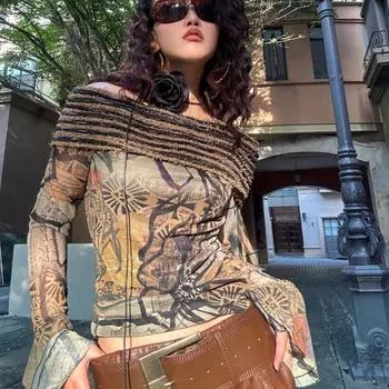 Японские топы с открытыми плечами Y2k, винтажная футболка в стиле Харадзюку с расклешенными рукавами, гранж-эстетика, лоскутные сетчатые топы с вырезом в стиле пэчворк S