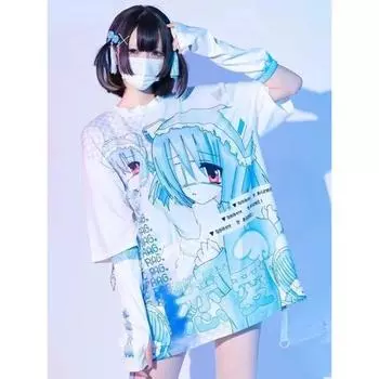 Японские топы Y2k Kawaii, женская футболка с мультяшным принтом, модные футболки в стиле гранж, уличная одежда для девочек, свободные летние повседневные футболки в стиле Харадзюку S синий