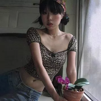 Японские топы Y2k с леопардовым принтом, винтажный укороченный топ с короткими рукавами, кружевная футболка с v-образным вырезом 2000-х годов, кокетка в корейском стиле S коричневый