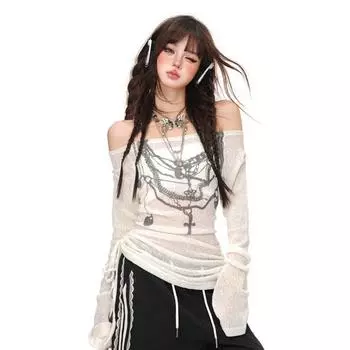 Японские трикотажные топы Y2k с принтом татуировок, футболка с длинным рукавом, ребристый винтажный трикотаж Harajuku с присбориванием, готическая одежда S белый