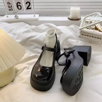 Японские туфли jk на высоком каблуке, маленькие кожаные туфли, женские туфли на толстом каблуке, зима 2024, новая платформа, модные ретро французские туфли Мэри Джейн 35 чёрный