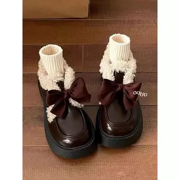 Японские туфли на платформе Muffin Bow Plus из флиса, кожаные женские мокасины на осень и зиму, теплые и удобные туфли из хлопка Tide 35 бежевый