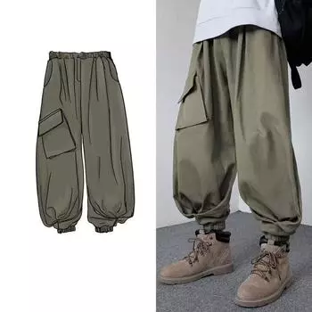 Японские уличные мужские однотонные брюки-джоггеры с карманами и шнурком, повседневные прямые брюки в стиле хип-хоп, широкие брюки-карго в стиле ретро M чёрный