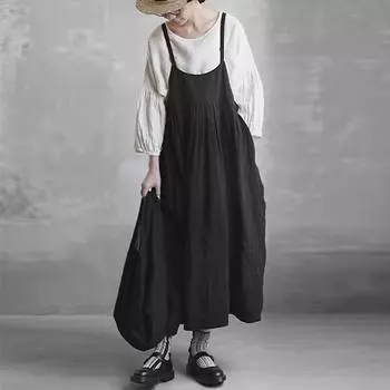 Японские универсальные платья на подтяжках Johnature для женщин, летние многослойные японские платья Mori с высокой талией и ремешком One Size чёрный