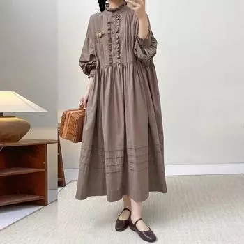 Японские весенние плиссированные лесные платья, повседневное хлопковое свободное платье с оборками в стиле ретро, простое женское платье One Size кофейный