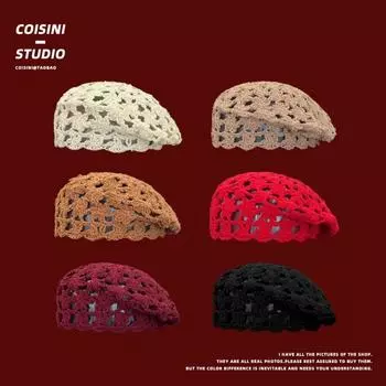 Японские винтажные береты ручной работы, кепки для женщин, летние и осенние, тонкие, дышащие, универсальные, крючковые, цветочные, для художника 56-58cm бежевый