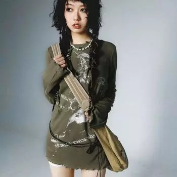 Японские винтажные топы в стиле Харадзюку, футболка Fairycore, женская эстетичная футболка в стиле гранж, уличная одежда Y2k, футболки с графикой Femme Camisetas S зелёный