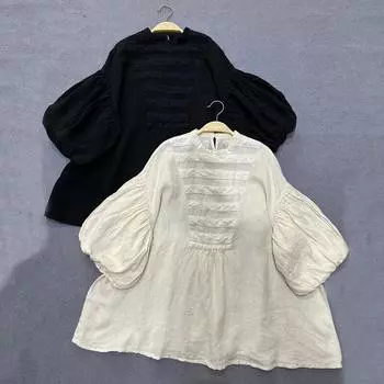 Японские высококачественные блузки Johnature, летние кружевные свободные винтажные рубашки с рукавами-фонариками в суде для женщин One Size чёрный