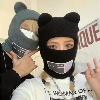Японские забавные ветрозащитная маска осень и зима теплая крышка холодная шапка медвежьи ушки вязаные мужские и женские шерстяные шапки One size синий