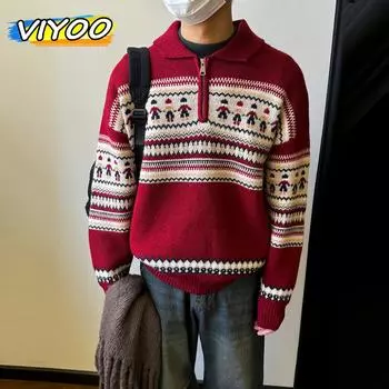 Женская и мужская зимняя одежда на молнии, рождественский трикотаж Y2K, пуловеры, толстовки, полосатый свитер с высоким воротом для женщин, уличный джемпер