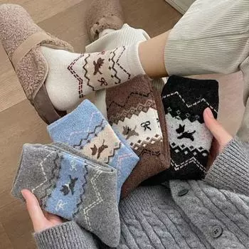 Японские женские носки средней длины из шерсти Фэр-Айл : Осенне-зимний теплый ретро-стиль, плотный, цветовое решение. One Size