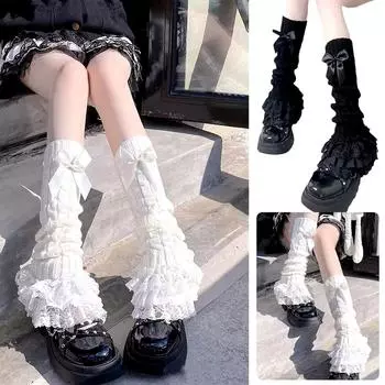 Японские женские вязаные гетры с бантом, многоярусные носки с оборками, кружевные носки в стиле Лолиты для девочек, Т-образные кружевные гетры для ног для женщин One size белый