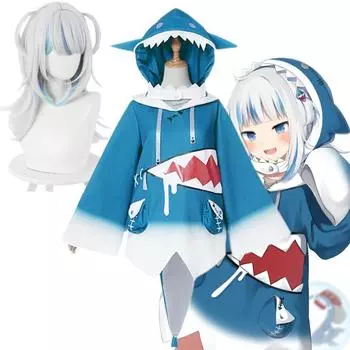 Японский Amine Vtuber Hololive ENG Gawr Gura Shark Girl Косплей Костюмы Девушка Женщины Милые Синие Тела Акулы Со Шляпой S