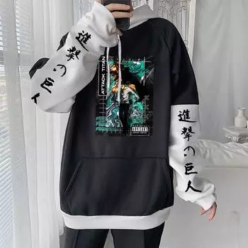 Японский аниме Attack on Titan Eren Cool Graphic Printed Hooded Men Women Hoodies Plus Size Sweatshirt Harajuku Male Streetwear XS чёрный