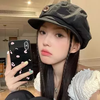 Японский берет на пуговицах для женщин, весна-лето, дорожная шляпа в стиле ретро, большая окружность головы, показывающая лицо, маленькая восьмиугольная шляпа, осень-зима, прилив M56-58cm чёрный