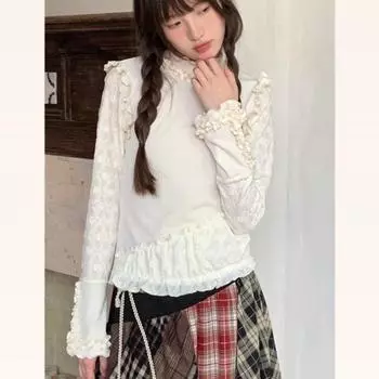 Японский бежевый тонкий свитер, дизайн, осенне-зимняя новинка с кружевной внутренней футболкой и многослойной нижней рубашкой для женщин S белый