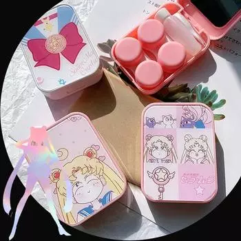 Японский чехол для контактных линз розовой серии с зеркалом, контейнер для цветных линз с героями мультфильмов, портативный дорожный набор, подарок для хранения линз