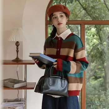 Японский цветной полосатый воротник, вязаный свитер, женский осенне-зимний повседневный универсальный свитер с длинными рукавами и круглым вырезом, кардиган, топ