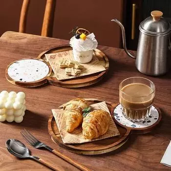 Японский десертный поднос, послеобеденный чай, закуска, одна сервировочная тарелка, хлеб, цельное дерево, креативная композиция, кухонная посуда, аксессуары