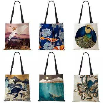 Японский дизайн укиёэ повседневная женская сумка кран дизайнерская большая сумка эко многоразовые сумки на плечо для покупок для продуктов B13039