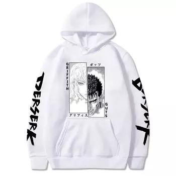 Японский горячий аниме Berserk Guts Griffith Prints Hoodies Long Sleeve Fleece Hip Hop Sweatshirts Man Clothing Casual Pullover XS белый