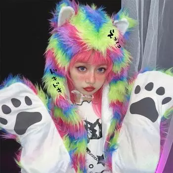 Японский Harajuku Y2K Thousand Rainbows пушистый искусственный меховой капюшон кошачьи ушки шарф перчатки шапки для женщин Gorras