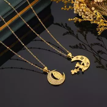 Японский и корейский стиль взрывоопасные медные бриллиантовые украшения Love Moon Bear религиозный кулон маленький свежий индивидуальное ожерелье для женщин