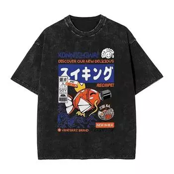 Японский кандзи Смешная рыба Выстиранная футболка Мужская Комикс Уличная одежда Свободные футболки Летняя Футболка с круглым вырезом Одежда оверсайз S