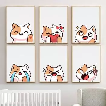 Японский кавайный кот, настенное искусство, холст, детский плакат с принтом, мультяшная картина с котом, скандинавская детская комната, украшение, изображение 21x30cm No Framed