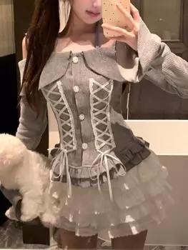 Японский кавайный сладкий комплект из 2 предметов, женский весенний лоскутный тонкий костюм Феи Лолиты, женские топы с открытыми плечами, мини-юбка для торта, костюмы S серый/белый