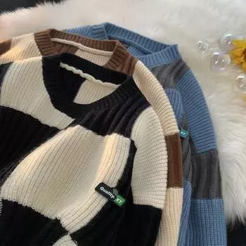 Японский клетчатый свитер для мужчин на осень и зиму, новый стиль, ленивый стиль, свободный тренд, контрастный цвет, круглый вырез, свитер повседневный M