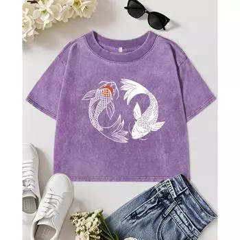 Японский Кои Харадзюку Иллюстрация Принт Женская Выстиранная Укороченная Футболка Хлопок Хип-Хоп Топ Футболки Круглый Вырез Слим Уличная Одежда M