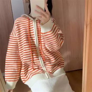 Японский колледж стиль вязаный свитер с капюшоном кардиган женский осень и зима новый свободный ленивый стиль свитер на молнии куртка average size