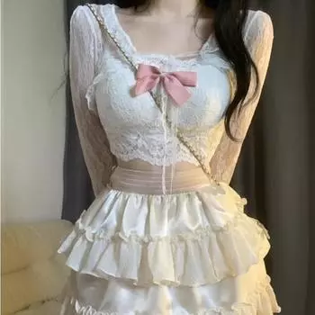 Японский комплект из 3 предметов в стиле Лолиты Kawaii, женский кружевной сладкий вечерние костюм с юбкой для торта, женский элегантный костюм с юбкой и юбкой с высокой талией, лето 2023 S белый