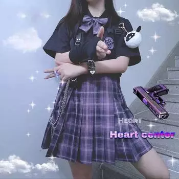 Японский комплект из трех предметов в стиле Харадзюку, клетчатая мини-женская юбка, школьная форма, юбка трапециевидной формы, милая женская одежда с высокой талией, каваи, костюмы и комплекты L фиолетовый