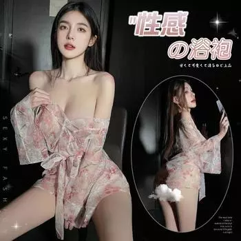 Японский комплект кимоно с принтом фантома, дизайн с перекрестным воротником, глубокий V-образный вырез, черная сексуальная одежда для сна, экзотическая одежда, перспективная Babydoll One Size