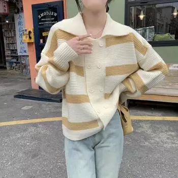 Японский контрастный полосатый кардиган, женский весенне-осенний свободный мягкий клейкий вязаный свитер с длинными рукавами, кардиган One Size зелёный