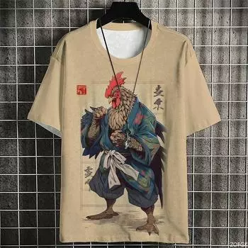 Японский кот-самурай Мужская летняя мода Футболка с коротким рукавом с 3D-принтом Мультяшная одежда Аниме S