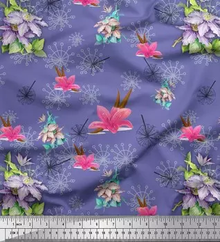 Японский креп-атлас Soimoi, швейная ткань с листьями и лилиями с цветочным принтом, метр 42 дюйма 42 Inch Wide - Poly Crepe фиолетовый