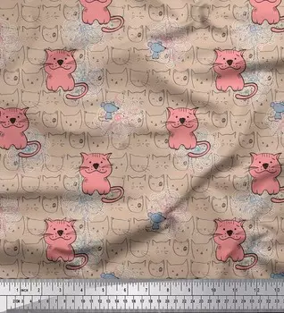 Японский креп-сатин Soimoi, детская ткань с принтом крыс и кошек, 42 дюйма по метрам 42 Inch Wide - Poly Crepe абрикосовый