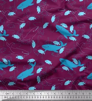 Японский креп-сатин Soimoi, рыболовный крючок, рыба и кит, океанская ткань с принтом на метр, 42 дюйма 42 Inch Wide - Poly Crepe розовый