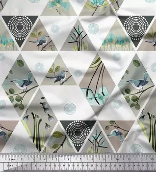 Японский креп-сатин Soimoi Ткань для рукоделия с геометрическим, цветочным и птичьим принтом в стиле пэчворк, 42 дюйма 42 Inch Wide - Poly Crepe синий