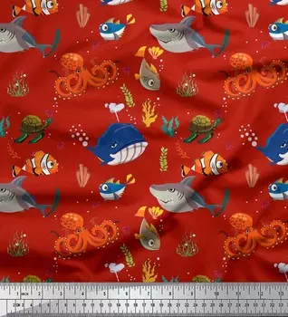 Японский креп-сатин Soimoi, ткань для шитья с кораллами, китами и медузами, океанский принт, метр 42 дюйма 42 Inch Wide - Poly Crepe красный