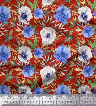 Японский креп-сатин Soimoi, ткань с цветочным принтом листьев и анемонов, 42 дюйма по метрам 42 Inch Wide - Poly Crepe зелёный