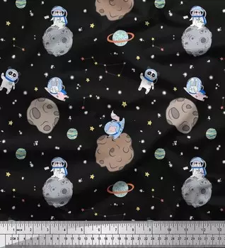 Японский креп-сатин Soimoi, ткань с принтом астронавтов, животных, звезд и планет, галактик, по метрам, 42 дюйма 42 Inch Wide - Poly Crepe синий