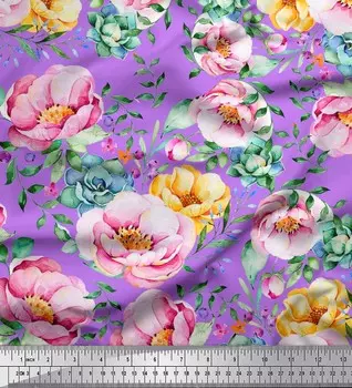 Японский креп-сатин Soimoi, ткань с принтом листьев и цветов пиона, 42 дюйма на метр 42 Inch Wide - Poly Crepe фиолетовый