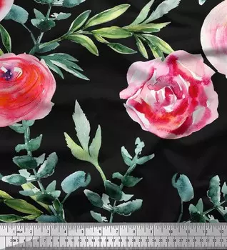 Японский креп-сатин Soimoi, ткань с принтом листьев, лютиков и роз, 1 метр 42 дюйма 42 Inch Wide - Poly Crepe синий