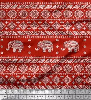 Японский креп-сатин Soimoi, ткань с принтом ацтеков и слонов и животных, 42 дюйма по метрам 42 Inch Wide - Poly Crepe красный