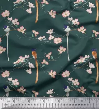 Японский креп-сатин Soimoi, ткань с принтом листьев, цветов и райских птиц и мухоловок, 42 дюйма по метрам 42 Inch Wide - Poly Crepe зелёный