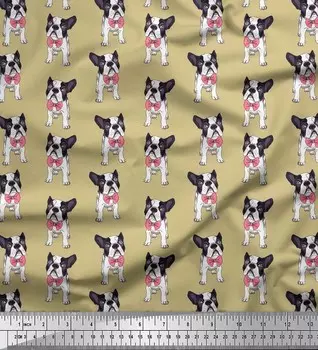 Японский креп-сатин Soimoi, ткань с принтом собаки и бантом и бостон-терьером, 42 дюйма по метрам 42 Inch Wide - Poly Crepe бежевый